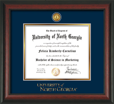 Image of University of North Georgia Diploma Frame - Rosewood - w/24k Gold-Plated UNG Medallion & Wordmark Embossing - Navy on Gold mats