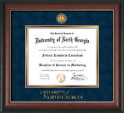 Image of University of North Georgia Diploma Frame - Rosewood w/Gold Lip - w/24k Gold-Plated UNG Medallion & Wordmark Embossing - Navy Suede on Gold mats