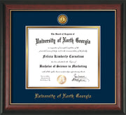 Image of University of North Georgia Diploma Frame - Rosewood w/Gold Lip - w/24k Gold-Plated UNG Medallion & Name Embossing - Navy on Gold mats