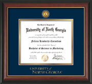 Image of University of North Georgia Diploma Frame - Rosewood w/Gold Lip - w/24k Gold-Plated UNG Medallion & Wordmark Embossing - Navy on Gold mats