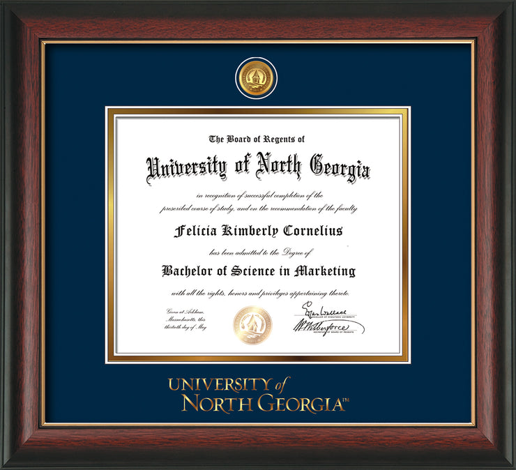 Image of University of North Georgia Diploma Frame - Rosewood w/Gold Lip - w/24k Gold-Plated UNG Medallion & Wordmark Embossing - Navy on Gold mats