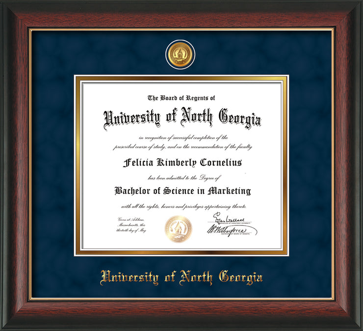 Image of University of North Georgia Diploma Frame - Rosewood w/Gold Lip - w/24k Gold-Plated UNG Medallion & Name Embossing - Navy Suede on Gold mats