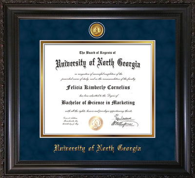 Image of University of North Georgia Diploma Frame - Vintage Black Scoop - w/24k Gold-Plated UNG Medallion & Name Embossing - Navy Suede on Gold mats