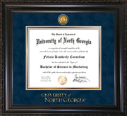 Image of University of North Georgia Diploma Frame - Vintage Black Scoop - w/24k Gold-Plated UNG Medallion & Wordmark Embossing - Navy Suede on Gold mats