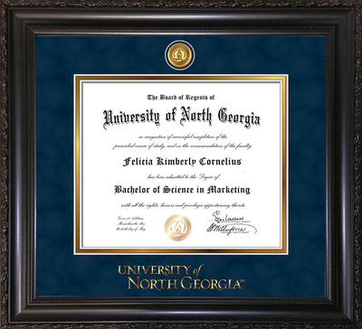 Image of University of North Georgia Diploma Frame - Vintage Black Scoop - w/24k Gold-Plated UNG Medallion & Wordmark Embossing - Navy Suede on Gold mats