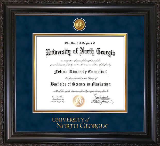 Image of University of North Georgia Diploma Frame - Vintage Black Scoop - w/24k Gold-Plated UNG Medallion & Wordmark Embossing - Navy Suede on Gold mats