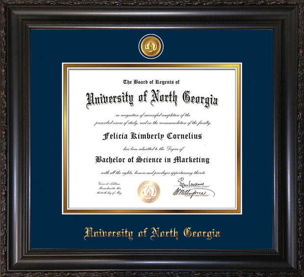 Image of University of North Georgia Diploma Frame - Vintage Black Scoop - w/24k Gold-Plated UNG Medallion & Name Embossing - Navy on Gold mats