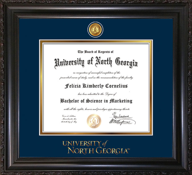Image of University of North Georgia Diploma Frame - Vintage Black Scoop - w/24k Gold-Plated UNG Medallion & Wordmark Embossing - Navy on Gold mats