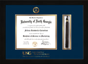 Image of University of North Georgia Diploma Frame - Flat Matte Black - w/Embossed Military Seal & Military Wordmark - Tassel Holder - Navy on Gold mat
