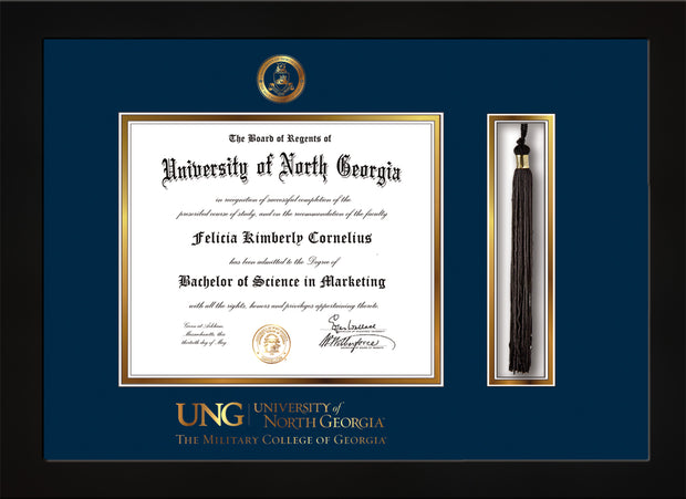 Image of University of North Georgia Diploma Frame - Flat Matte Black - w/Embossed Military Seal & Military Wordmark - Tassel Holder - Navy on Gold mat