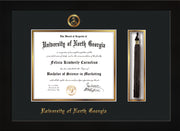 Image of University of North Georgia Diploma Frame - Flat Matte Black - w/Embossed Military Seal & UNG Name - Tassel Holder - Black on Gold mat