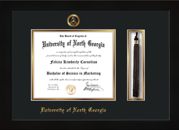 Image of University of North Georgia Diploma Frame - Flat Matte Black - w/Embossed Military Seal & UNG Name - Tassel Holder - Black on Gold mat