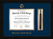 Image of University of North Georgia Diploma Frame - Flat Matte Black - w/Embossed Military Seal & UNG Name - Tassel Holder - Navy on Gold mat
