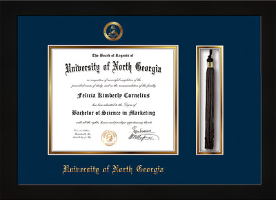 Image of University of North Georgia Diploma Frame - Flat Matte Black - w/Embossed Military Seal & UNG Name - Tassel Holder - Navy on Gold mat