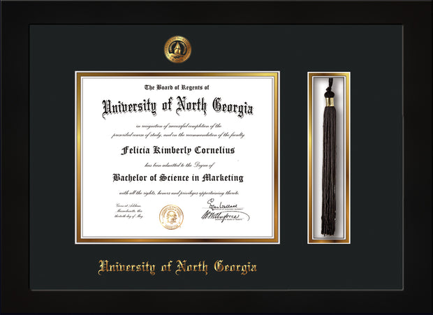 University of University of North Georgia Diploma Frame - Flat Matte Black - w/Embossed UNG Seal & Name - Tassel Holder - Black on Gold mat