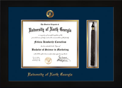 Image of University of North Georgia Diploma Frame - Flat Matte Black - w/Embossed UNG Seal & Name - Tassel Holder - Navy on Gold mat