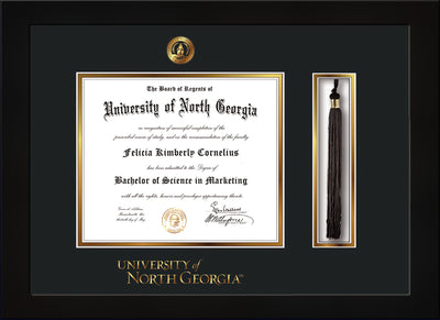 Image of University of North Georgia Diploma Frame - Flat Matte Black - w/Embossed UNG Seal & Wordmark - Tassel Holder - Black on Gold mat