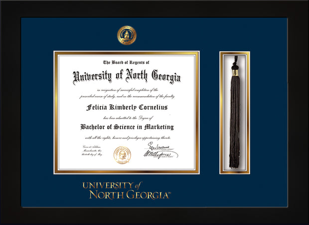 Image of University of North Georgia Diploma Frame - Flat Matte Black - w/Embossed UNG Seal & Wordmark - Tassel Holder - Navy on Gold mat