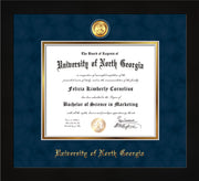 Image of University of North Georgia Diploma Frame - Flat Matte Black - w/24k Gold-Plated Military Medallion & UNG Name Embossing - Navy Suede on Gold mats