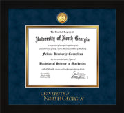 Image of University of North Georgia Diploma Frame - Flat Matte Black - w/24k Gold-Plated Military Medallion & UNG Wordmark Embossing - Navy Suede on Gold mats