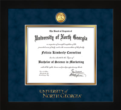 Image of University of North Georgia Diploma Frame - Flat Matte Black - w/24k Gold-Plated Military Medallion & UNG Wordmark Embossing - Navy Suede on Gold mats
