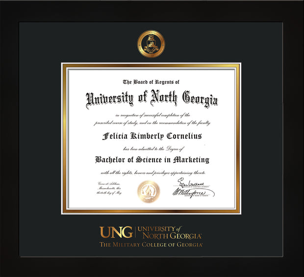 Image of University of North Georgia Diploma Frame - Flat Matte Black - w/Embossed Military Seal & Military Wordmark - Black on Gold mat