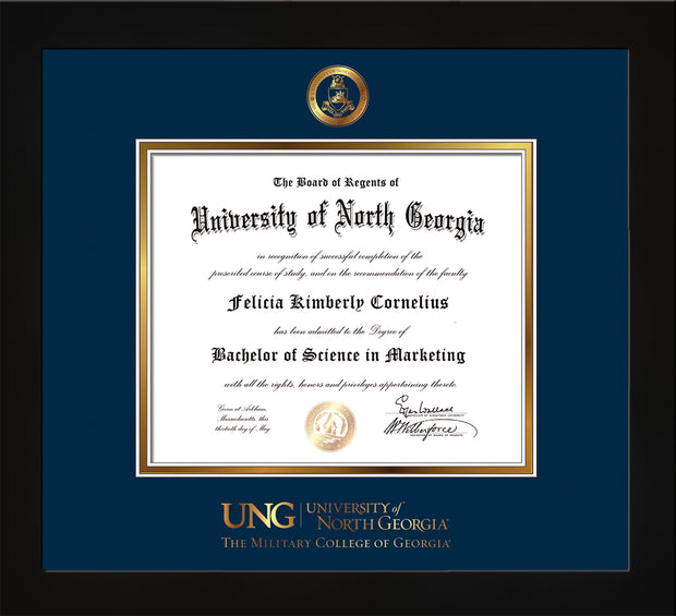 Image of University of North Georgia Diploma Frame - Flat Matte Black - w/Embossed Military Seal & Military Wordmark - Navy on Gold mat