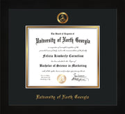 Image of University of North Georgia Diploma Frame - Flat Matte Black - w/Embossed Military Seal & UNG Name - Black on Gold mat