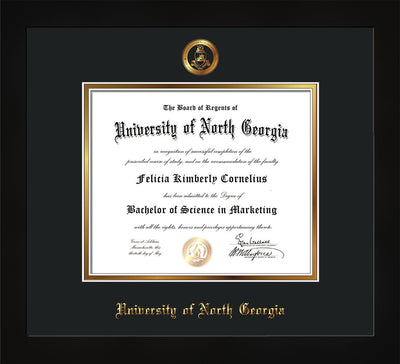 Image of University of North Georgia Diploma Frame - Flat Matte Black - w/Embossed Military Seal & UNG Name - Black on Gold mat