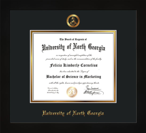 Image of University of North Georgia Diploma Frame - Flat Matte Black - w/Embossed Military Seal & UNG Name - Black on Gold mat