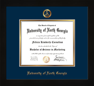 Image of University of North Georgia Diploma Frame - Flat Matte Black - w/Embossed Military Seal & UNG Name - Navy on Gold mat