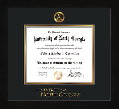 Image of University of North Georgia Diploma Frame - Flat Matte Black - w/Embossed Military Seal & UNG Wordmark - Black on Gold mat