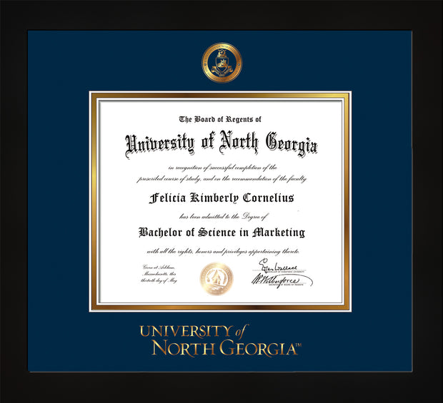 Image of University of North Georgia Diploma Frame - Flat Matte Black - w/Embossed Military Seal & UNG Wordmark - Navy on Gold mat