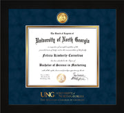 Image of University of North Georgia Diploma Frame - Flat Matte Black - w/24k Gold-Plated Military Medallion & Military Wordmark Embossing - Navy Suede on Gold mats