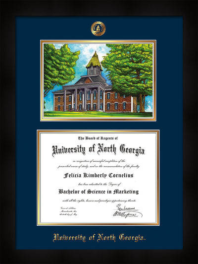 Image of Back View of University of North Georgia Diploma Frame - Flat Matte Black - w/Embossed UNG Seal & Name - Campus Watercolor - Navy on Gold mat