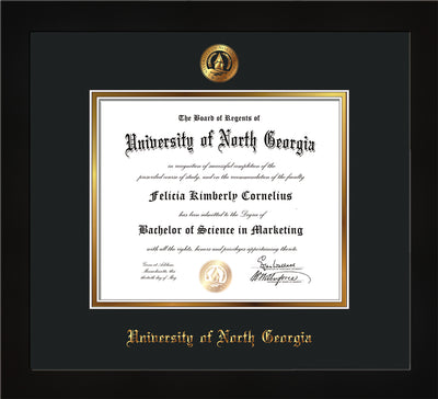 Image of University of North Georgia Diploma Frame - Flat Matte Black - w/Embossed UNG Seal & Name - Black on Gold mat