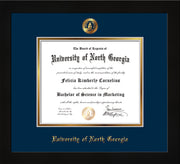 Image of University of North Georgia Diploma Frame - Flat Matte Black - w/Embossed UNG Seal & Name - Navy on Gold mat
