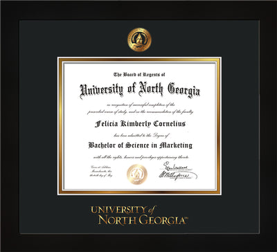 Image of University of North Georgia Diploma Frame - Flat Matte Black - w/Embossed UNG Seal & Wordmark - Black on Gold mat