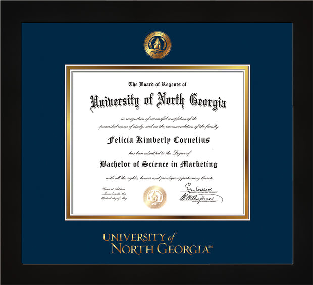 Image of University of North Georgia Diploma Frame - Flat Matte Black - w/Embossed UNG Seal & Wordmark - Navy on Gold mat