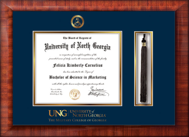 Image of University of North Georgia Diploma Frame - Mezzo Gloss - w/Embossed Military Seal & Military Wordmark - Tassel Holder - Navy on Gold mat