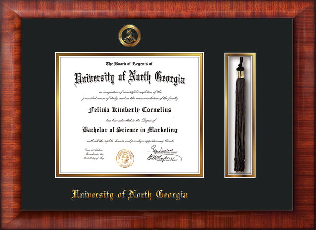 Image of University of North Georgia Diploma Frame - Mezzo Gloss - w/Embossed Military Seal & UNG Name - Tassel Holder - Navy on Gold mat