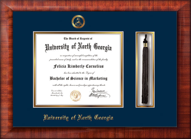 Image of University of North Georgia Diploma Frame - Mezzo Gloss - w/Embossed Military Seal & UNG Name - Tassel Holder - Navy on Gold mat
