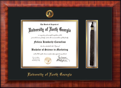 Image of University of North Georgia Diploma Frame - Mezzo Gloss - w/Embossed UNG Seal & Name - Tassel Holder - Black on Gold mat