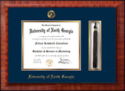 Image of University of North Georgia Diploma Frame - Mezzo Gloss - w/Embossed UNG Seal & Name - Tassel Holder - Navy on Gold mat