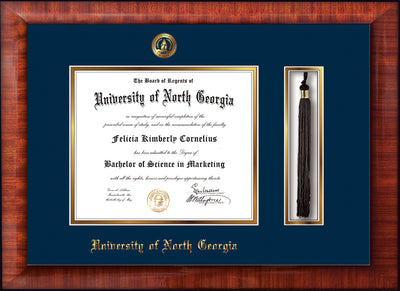 Image of University of North Georgia Diploma Frame - Mezzo Gloss - w/Embossed UNG Seal & Name - Tassel Holder - Navy on Gold mat