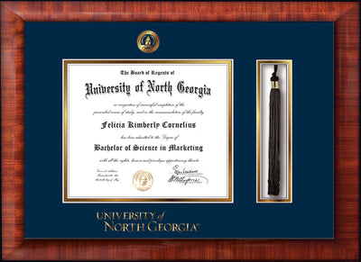 Image of University of North Georgia Diploma Frame - Mezzo Gloss - w/Embossed UNG Seal & Wordmark - Tassel Holder - Navy on Gold mat