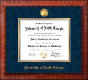 Image of University of North Georgia Diploma Frame - Mezzo Gloss - w/24k Gold-Plated Military Medallion & UNG Name Embossing - Navy Suede on Gold mats