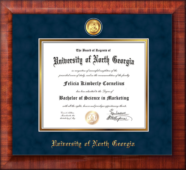 Image of University of North Georgia Diploma Frame - Mezzo Gloss - w/24k Gold-Plated Military Medallion & UNG Name Embossing - Navy Suede on Gold mats