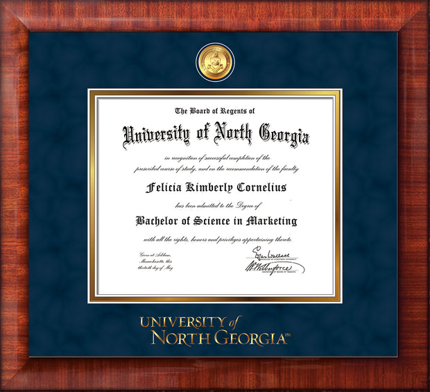 Image of University of North Georgia Diploma Frame - Mezzo Gloss - w/24k Gold-Plated Military Medallion & UNG Wordmark Embossing - Navy Suede on Gold