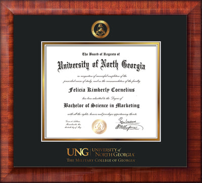 Image of University of North Georgia Diploma Frame - Mezzo Gloss - w/Embossed Military Seal & Military Wordmark - Black on Gold mat